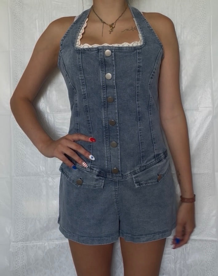 Denim Halter Mini Romper